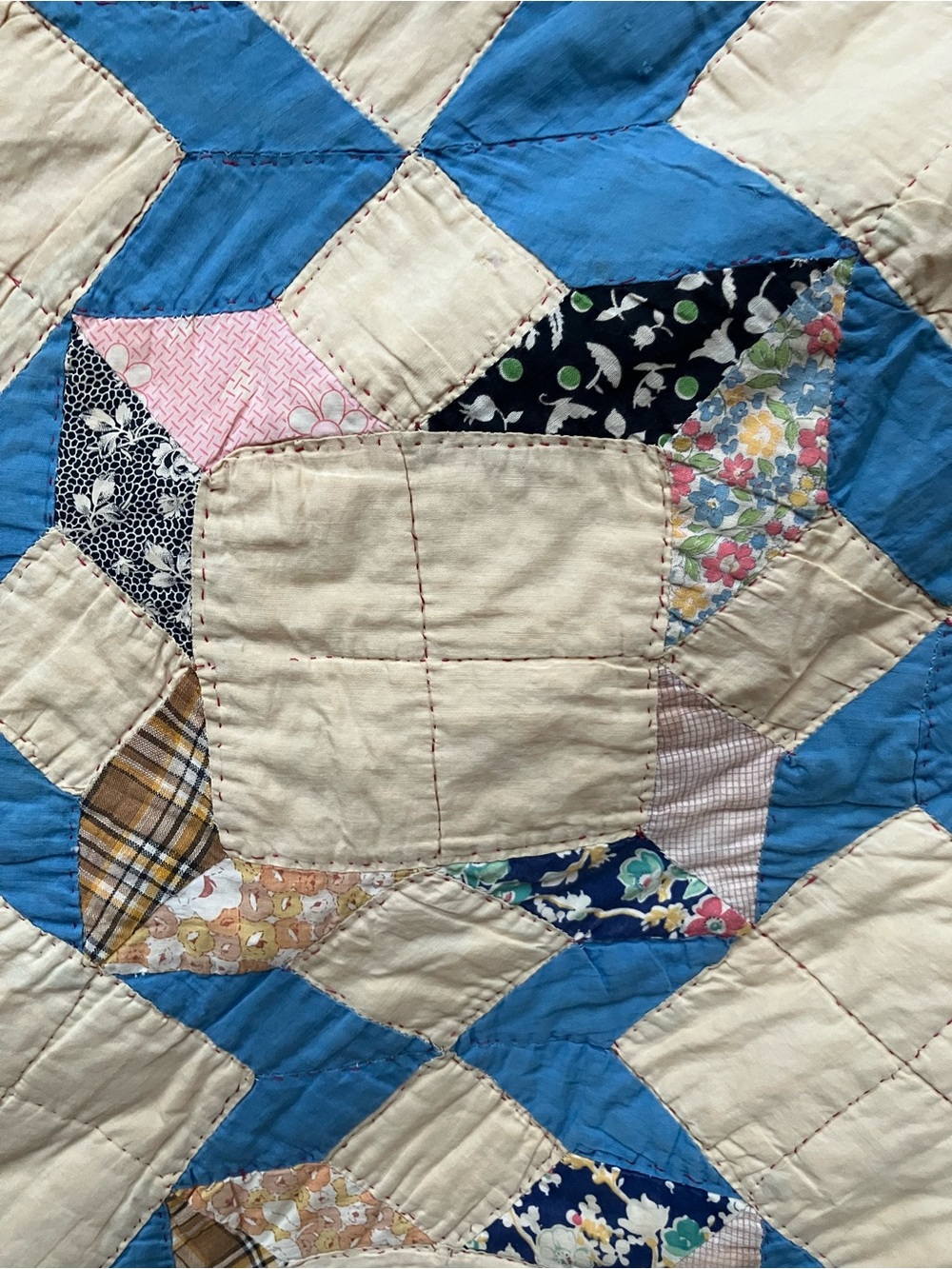 Hand stitched early 20th C patchwork star pattern twin quilt 69 x 80” vintage - Picture 5 of 16